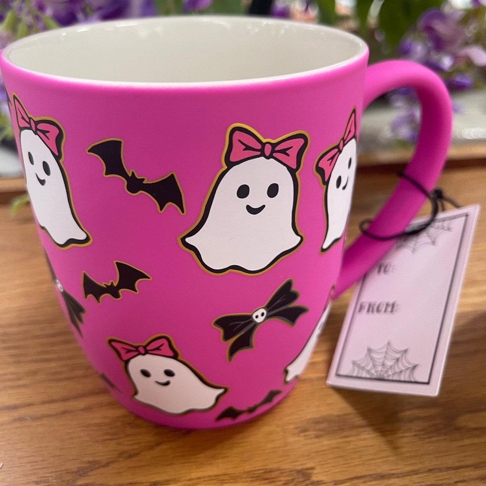 Halloween Pink Ghost Pink Bows & Bats Smooth Matte Soft Touch Coffee Mug NWT